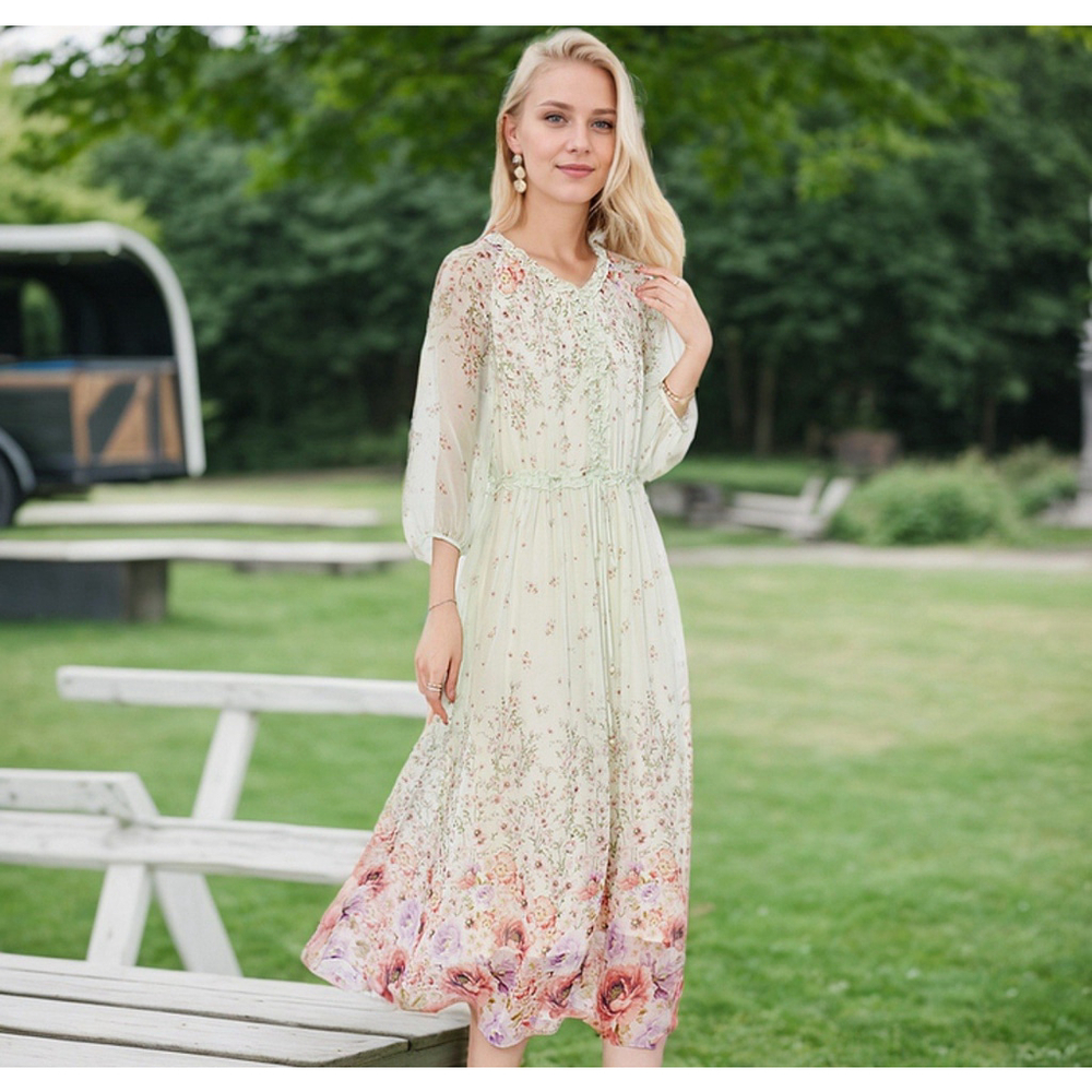 Women's Silk Floral Dress Sheer Sleeve For Wedding Guest Real Silk Life L-XL - Picture 3 of 11